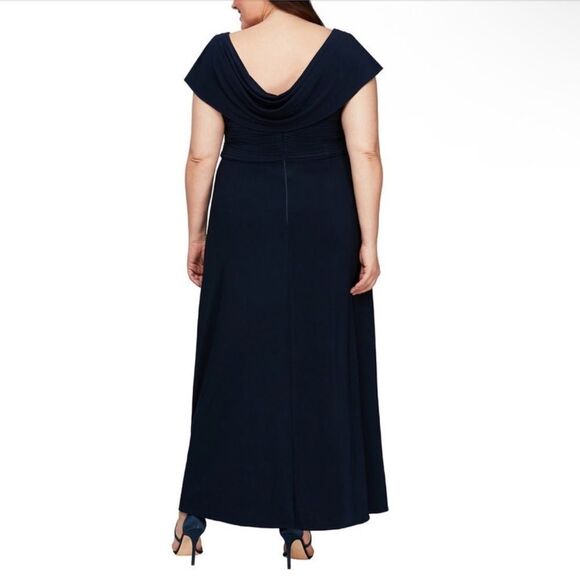 Alex Evenings NWT Cowl Neck A-Line Matte Jersey Pleated Bodice Gown Navy 12 - Picture 5 of 7